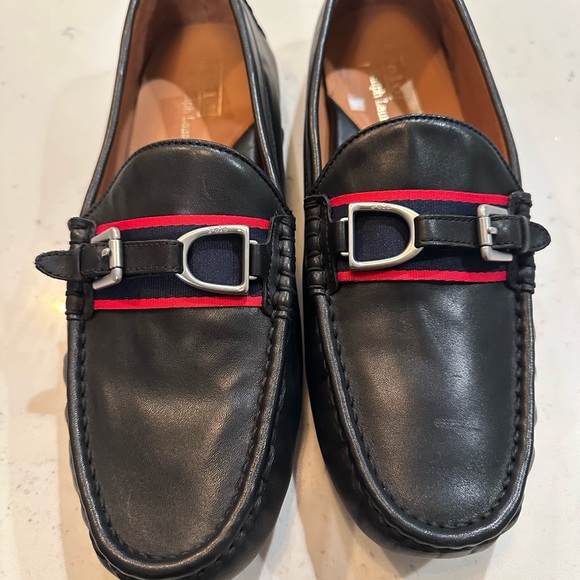 New Polo by Ralph Lauren Black Leather Loafers with Red and Silver Details - Picture 1 of 7